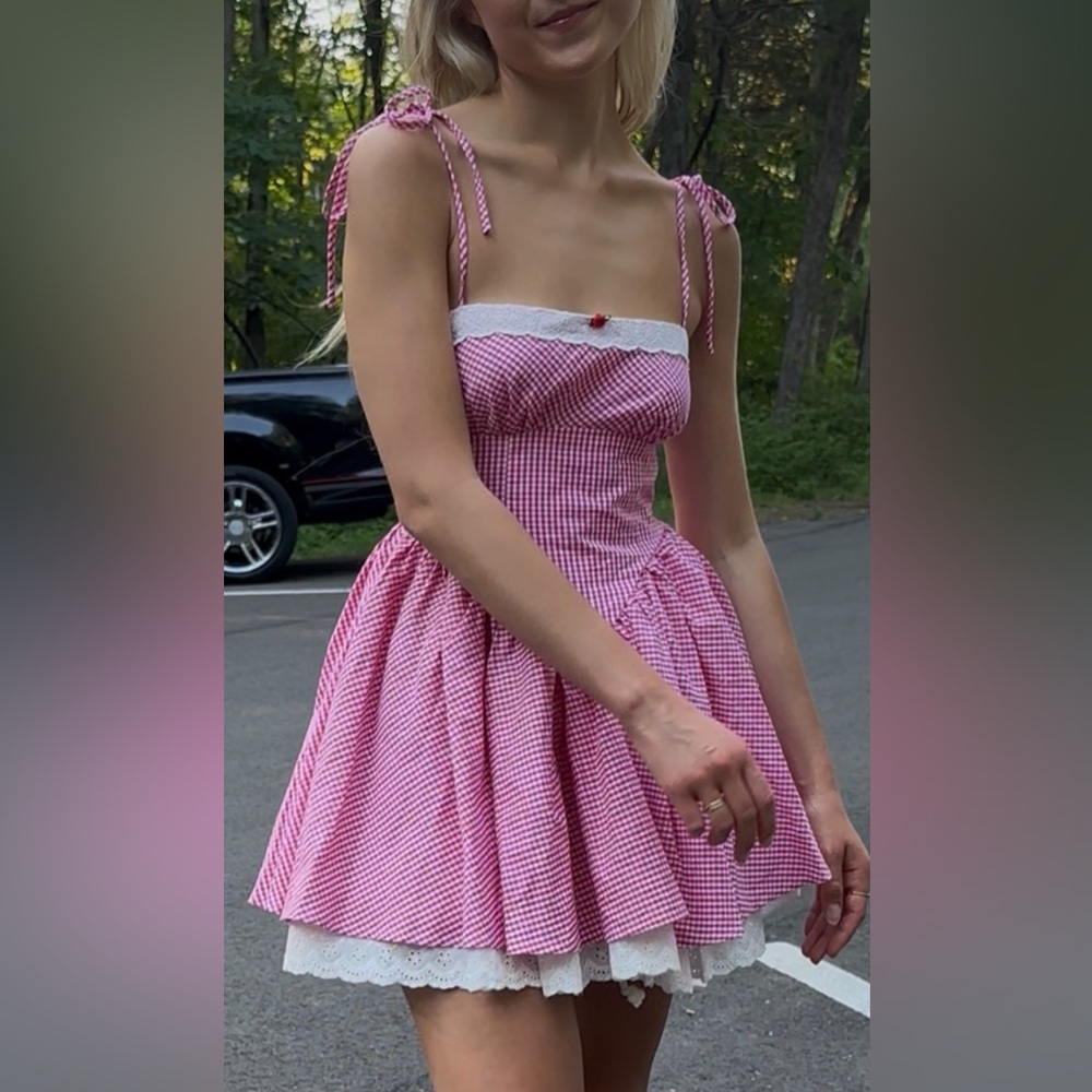 Lovers + Friends Pink Gingham Tie-Strap Mini Dress